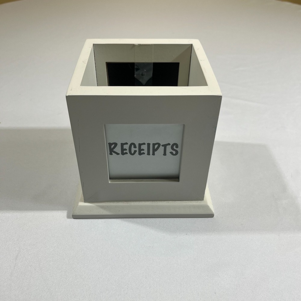 White Wooden Receipt Box Desktop Organizer Square Paper Storage Holder Office